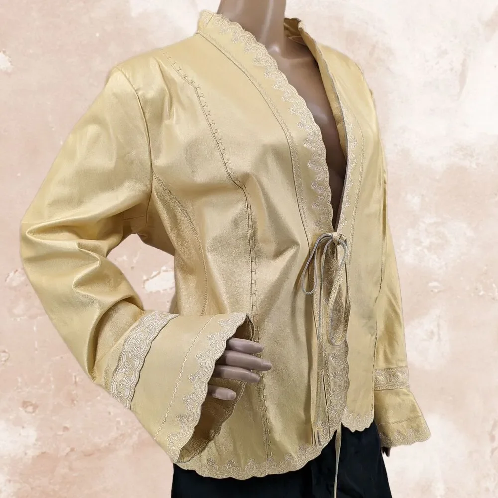 Vintage y2k Terry Lewis Leather Jacket Tie Front Gold Fairycore 2000s Plus 1X